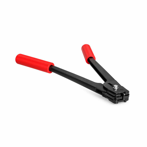MIP-1120 heavy-duty front action steel strapping sealer featuring long black metal handles, red vinyl grips, and single notch up-cut sealing jaws