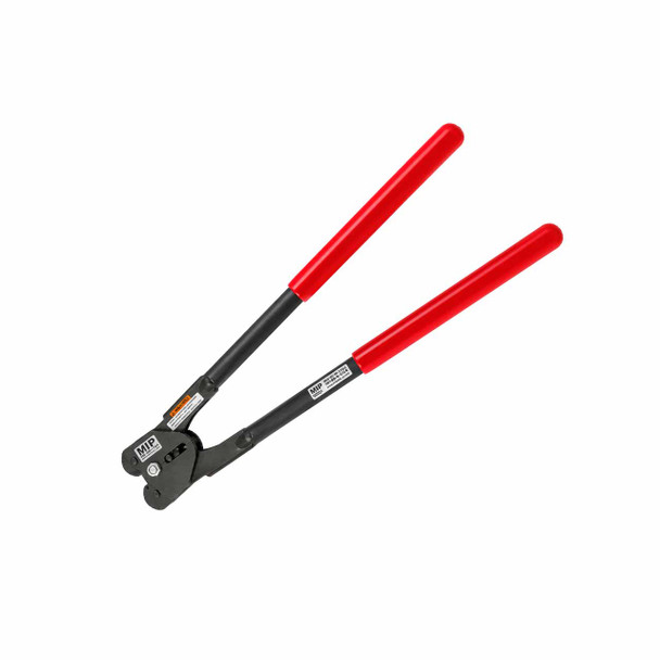 MIP-1152 heavy-duty front action steel strapping sealer displayed diagonally with extended black metal handles, red comfort grips, and double notch down-cut jaws