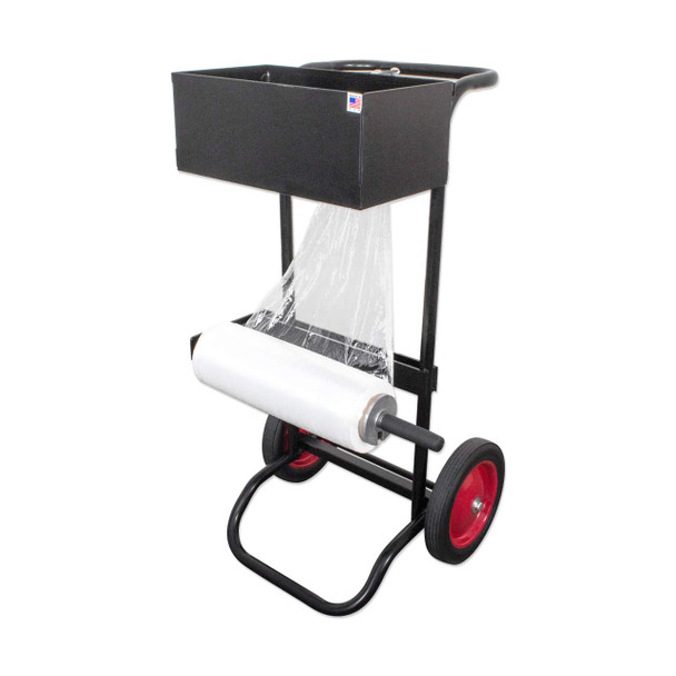Rear angled view of a mobile stretch strapping film dispenser cart with large wheels, storage tray, and film roll holder