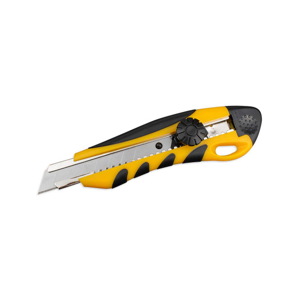 Encore EP-180 Extra-Heavy Duty Retractable Snap-Off Utility Knife with extended blade, yellow and black ergonomic grip, and locking adjustment wheel