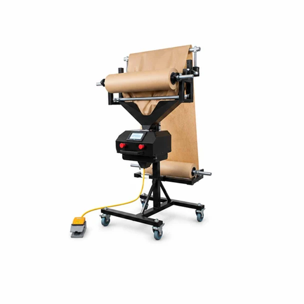 Angled view of Encore EP-5985 Automatic Paper Void Fill Machine loaded with kraft paper on mobile stand