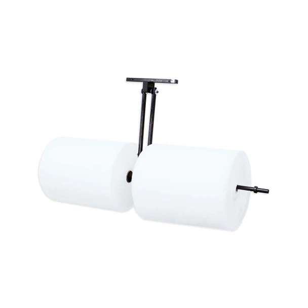 Opposite angle of Encore EP-6000D Wall-Mount Bubble Wrap & Foam Roll Dispenser holding two protective foam rolls