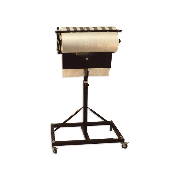 Mobile packaging material dispenser with poly tubing roll and caster wheels