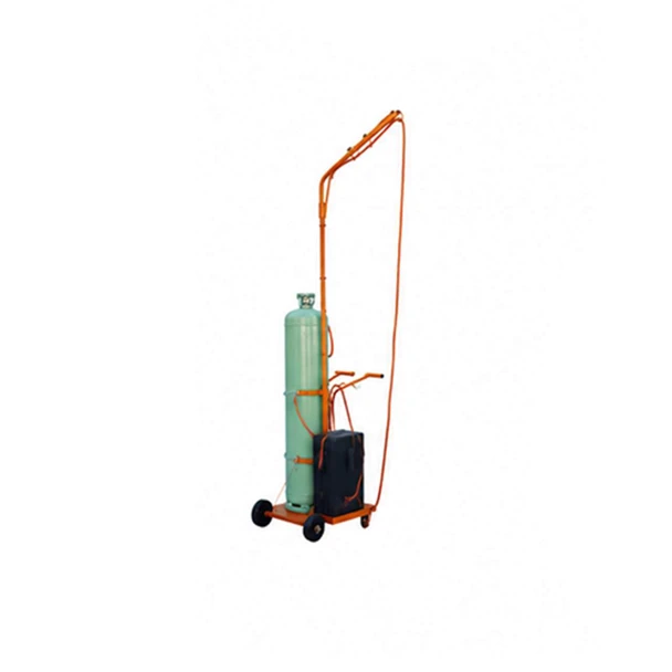 Mobile propane tank cart with overhead hose boom and heat gun storage