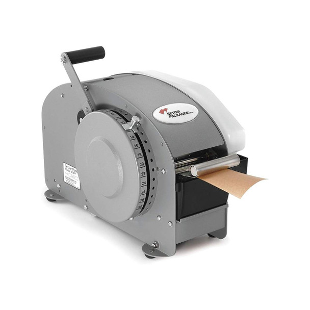 BP-333 Plus manual water-activated tape dispenser, front angled view with kraft tape dispensed