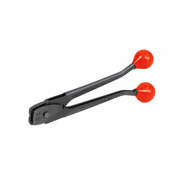 Signode SRC-5823 manual steel banding sealer with slightly open black handles, red ball grips, and single reverse notch sealing head for 5/8-inch steel strapping