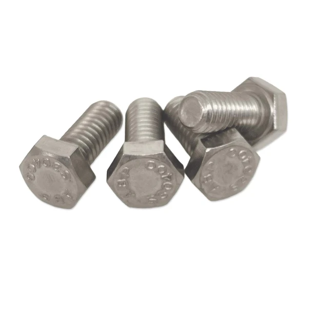 Group of stainless steel hex head bolts showing threaded shafts and bolt head markings