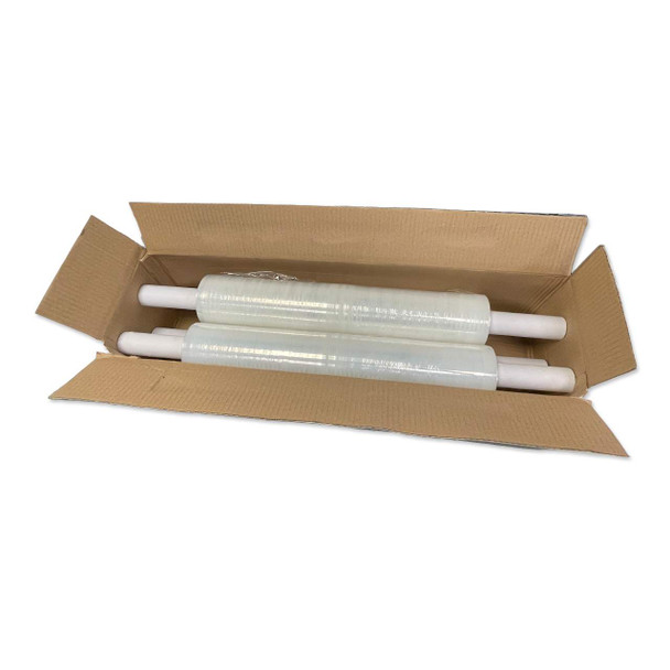 Four rolls of 20-inch x 1000-foot 80 gauge cast hand stretch film with extended core handles packaged in a shipping carton