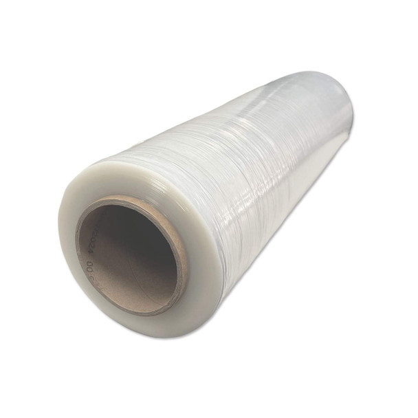 Close-up of 18-inch x 1500-foot 80 gauge cast hand stretch film roll showing cardboard core and clear stretch film
