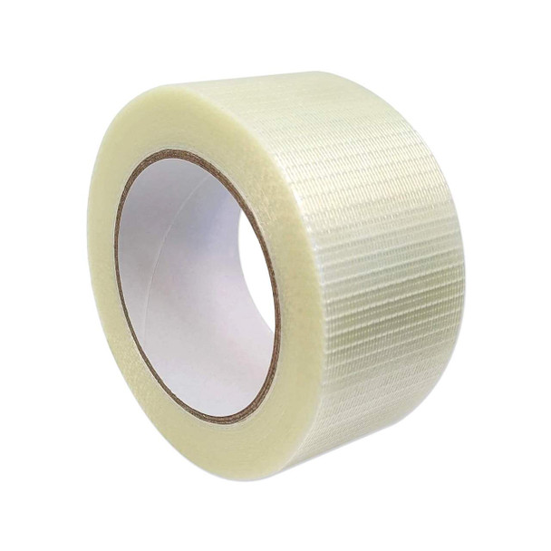 Angled close-up of General Purpose Filament Strapping Tape, 3" x 60 yd, showing reinforced filament construction