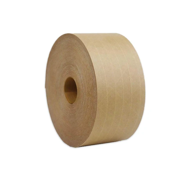 2.75 inch x 500 foot reinforced water-activated kraft tape roll, 5.5 mil, natural, angled front view