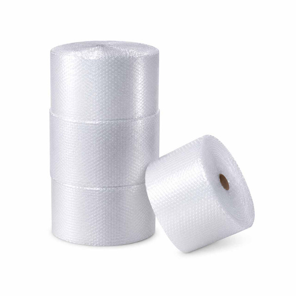 4 rolls Large 1/2" x 48" x 250' heavy-duty air bubble roll with 12" perforations partially unrolled