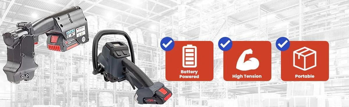 Battery-powered steel strapping tools for tensioning, sealing, and cutting steel banding in industrial packaging applications