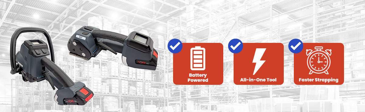 Battery-powered steel strapping combination tools for tensioning, sealing, and cutting steel banding in industrial packaging