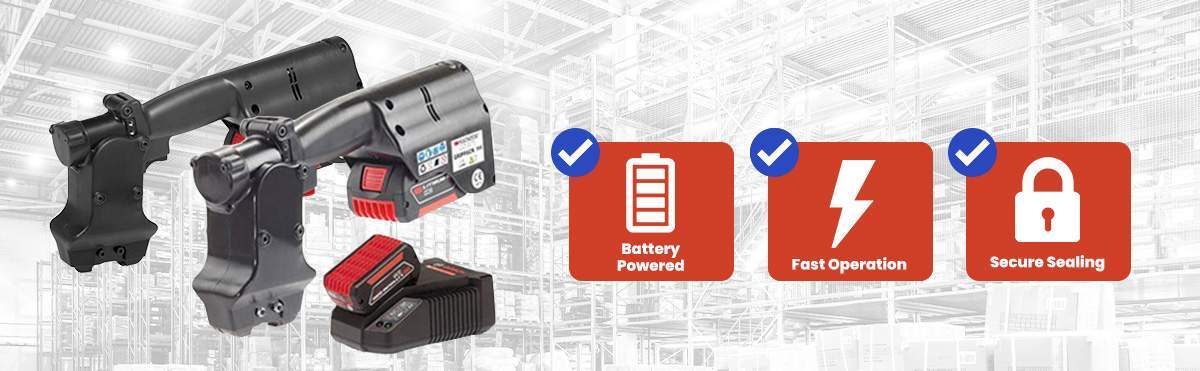 Battery-powered steel strapping sealers for fast, reliable sealing of steel banding in industrial packaging applications