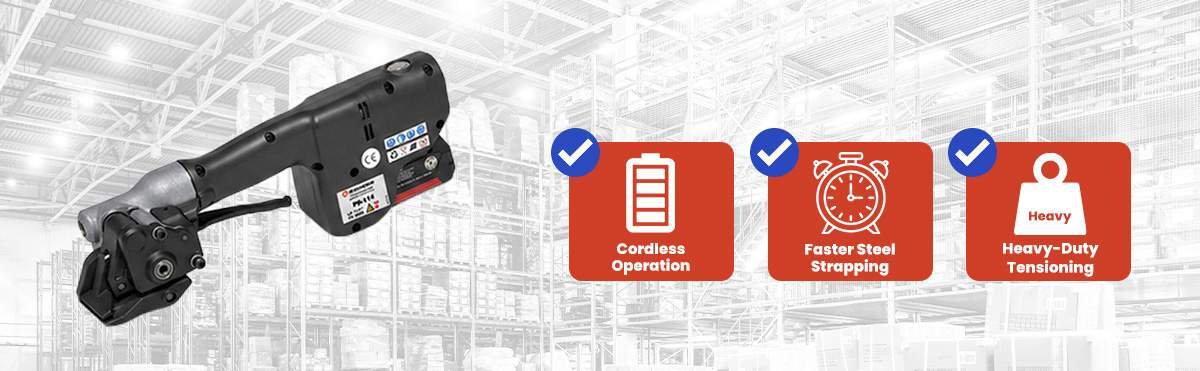 Battery-powered steel strapping tensioners for fast, consistent tensioning of steel banding in industrial packaging applications