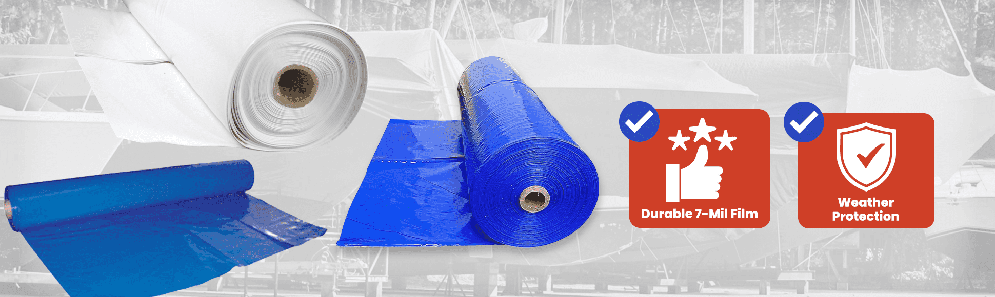 Blue and white marine boat shrink wrap rolls for winterization and long-term outdoor storage, providing durable protective coverage and high-quality performance.