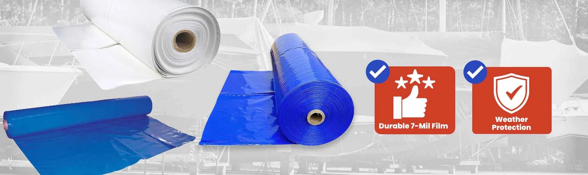 Blue and white marine boat shrink wrap rolls for winterization and long-term outdoor storage, providing durable protective coverage and high-quality performance.