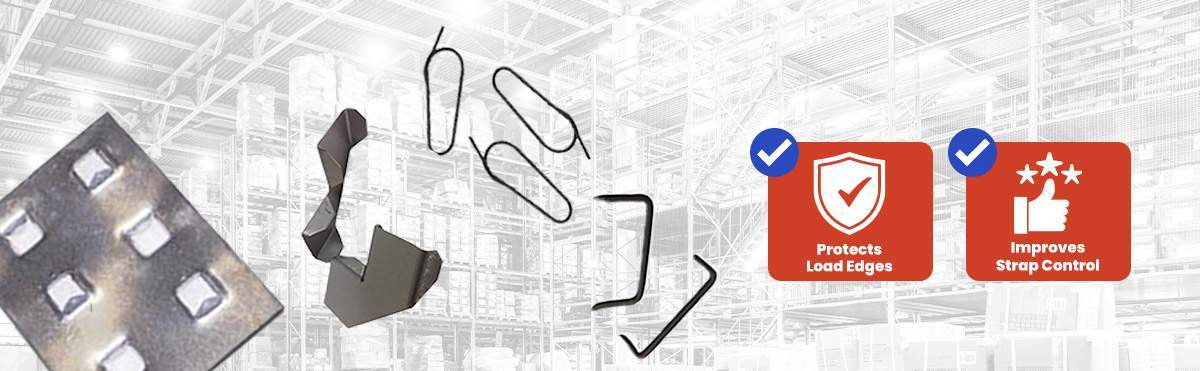 Steel strapping accessories including edge protectors, wire hooks, strap clips, and load securement hardware for industrial packaging