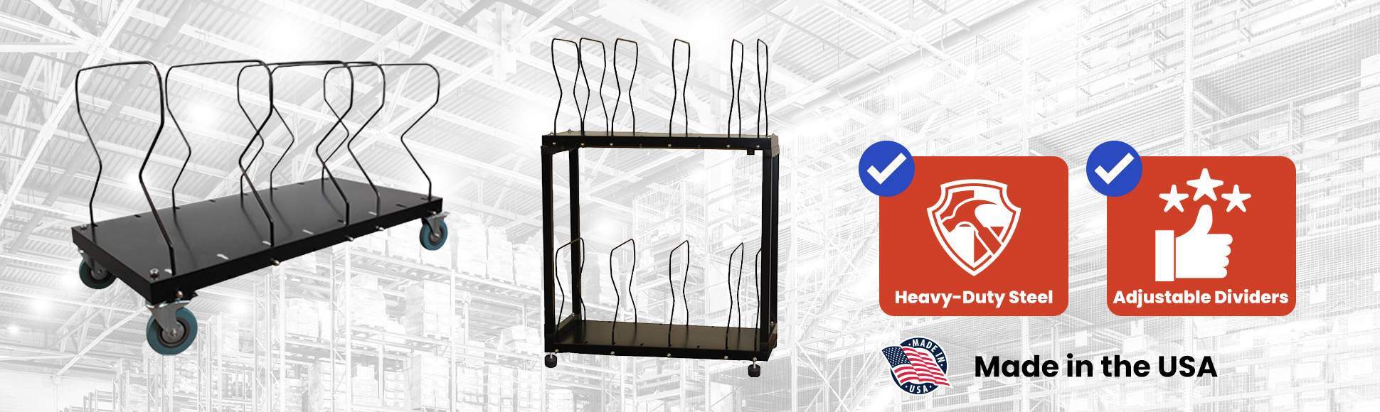 Heavy-duty carton stands with adjustable wire dividers for organizing, storing, and dispensing corrugated boxes and flat cartons in warehouse packing stations.