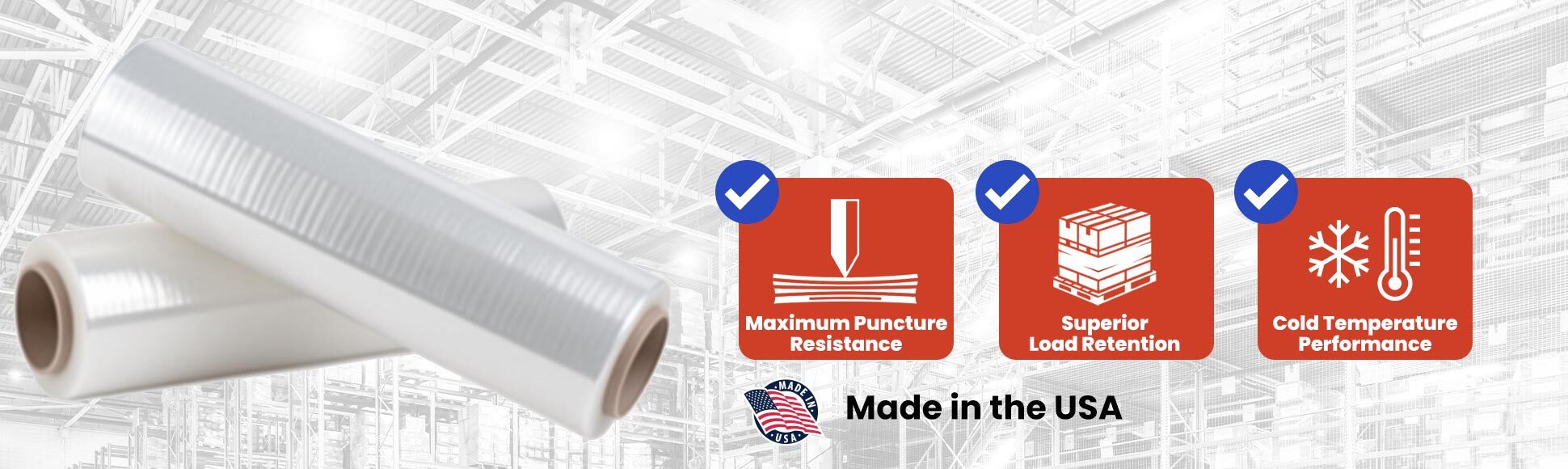 Heavy-duty hand blown stretch wrap with a hazy finish securing an irregular industrial load for shipping.