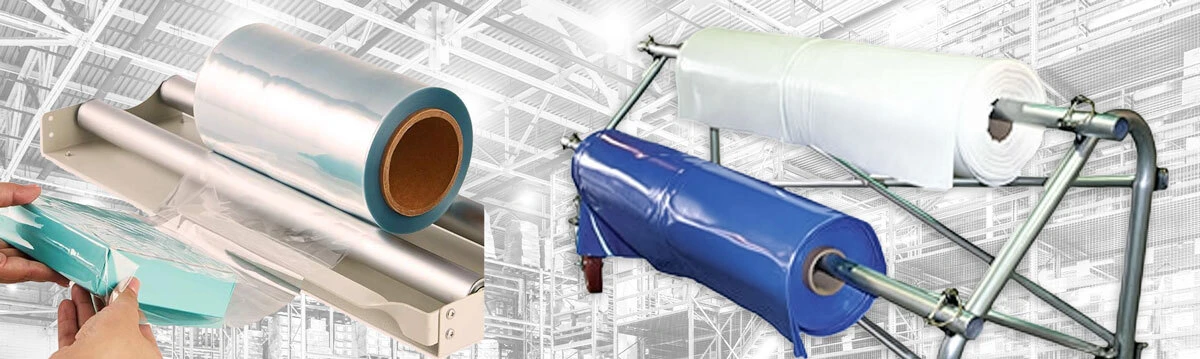 Blue and white marine shrink wrap rolls  on a dispenser rack and polyolefin film being used to seal a box.