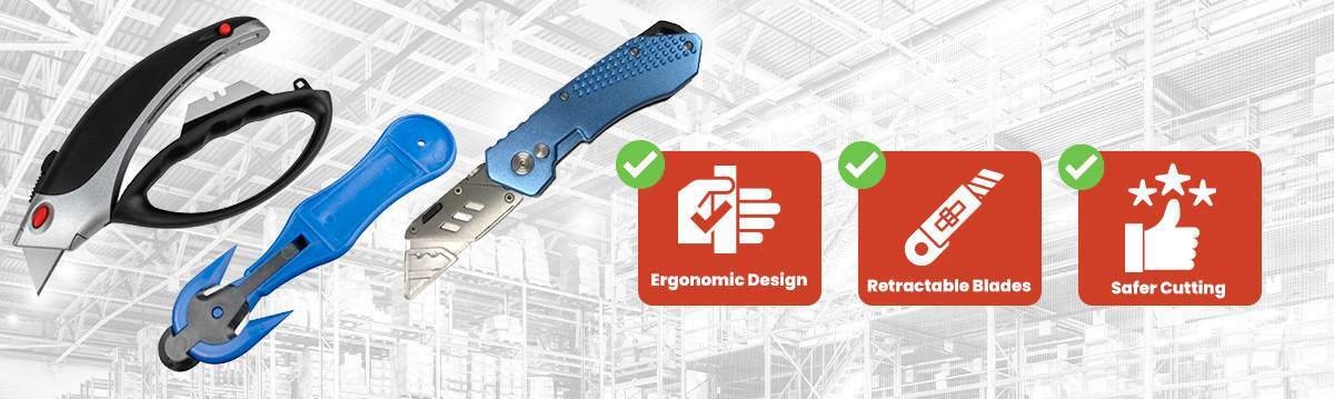 Safety utility knives and box cutters with retractable blades for ergonomic, safe cutting of boxes, packaging materials, shrink wrap, and strapping in warehouse applications.