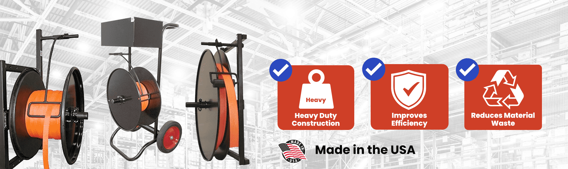 Industrial mobile cord strapping dispenser with heavy-duty wheels and integrated tool tray for woven and bonded polyester strapping.