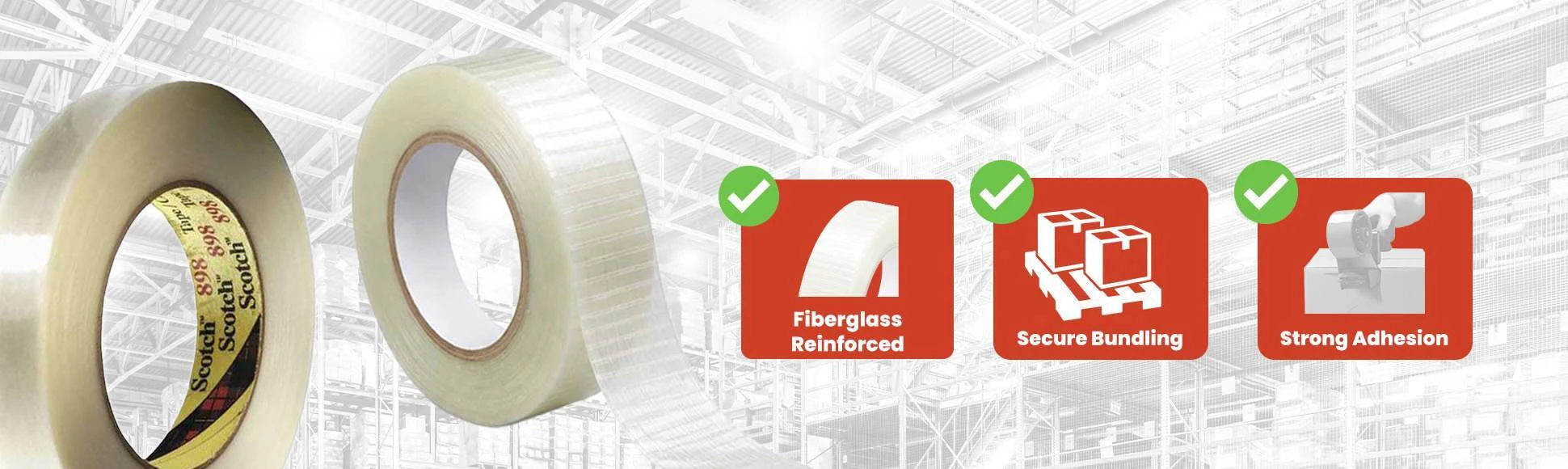Filament strapping tape rolls reinforced with fiberglass for bundling, pallet unitizing, and heavy-duty packaging applications, delivering high strength and reliable performance.