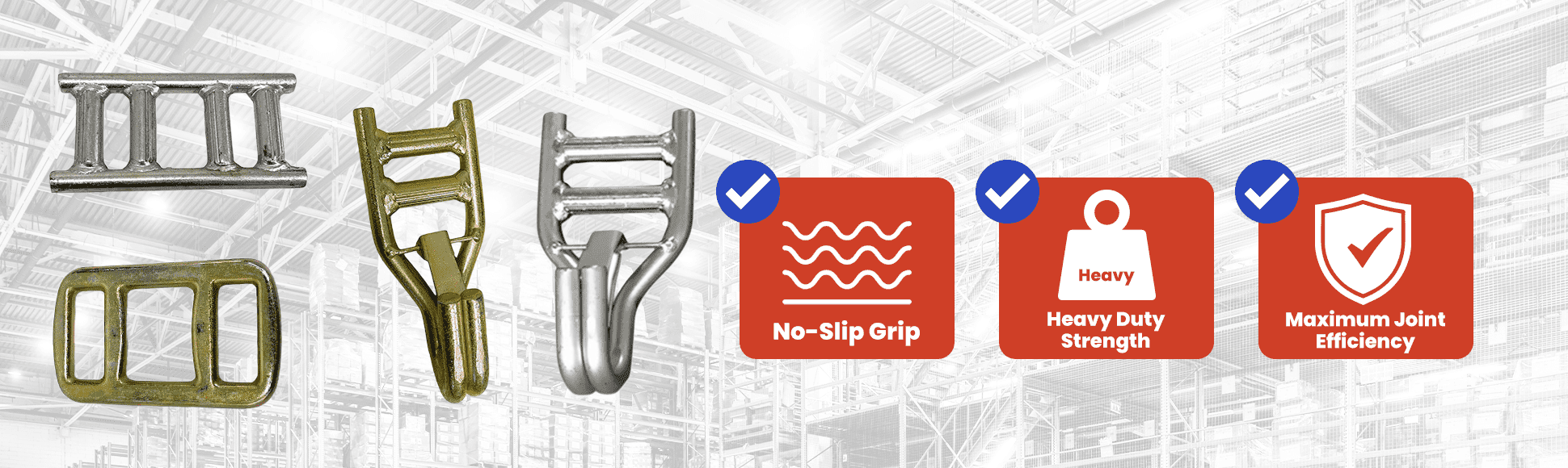 Industrial GatorLASH galvanized steel ladder buckle threaded with woven polyester lashing for high joint efficiency load containment.