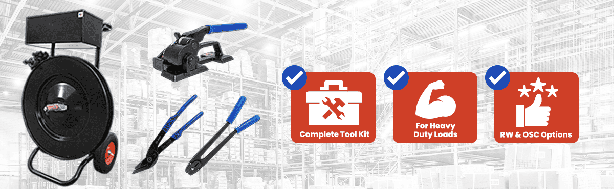 High tensile steel strapping tool kit with dispenser cart, tensioner, sealer, and cutter for industrial steel banding applications