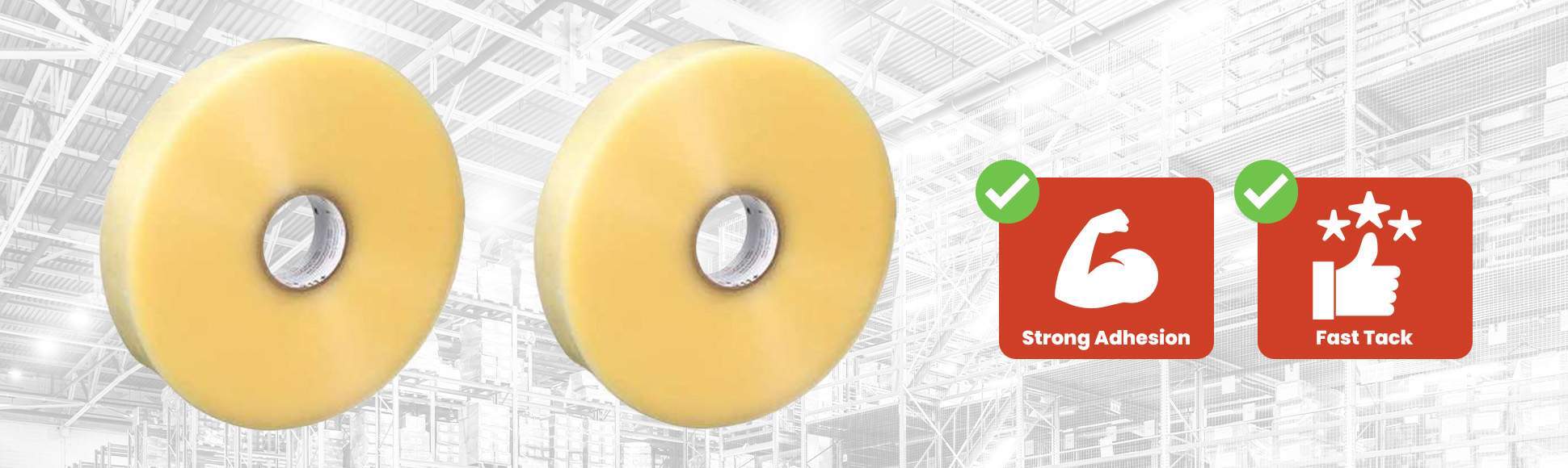Machine hot melt carton sealing tape rolls with strong adhesion and fast tack for high-speed automated case sealing applications.