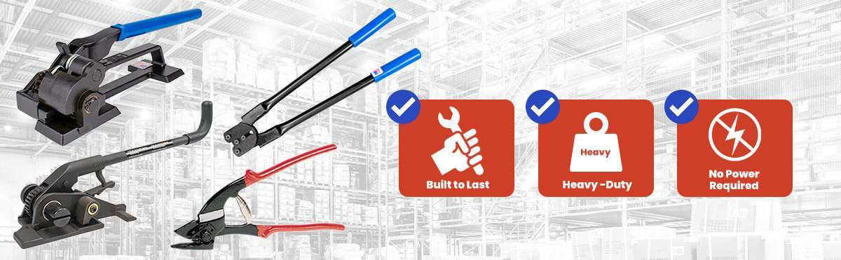 Manual steel strapping tools including tensioners, sealers, and cutters for industrial steel banding applications