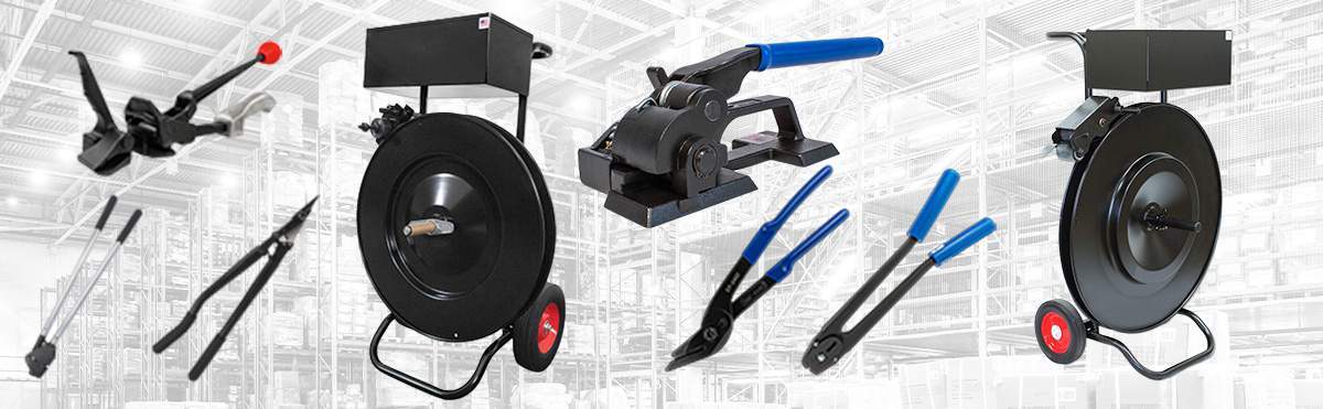 Steel strapping accessories including dispenser carts, sealers, cutters, tensioners, and industrial steel banding tools