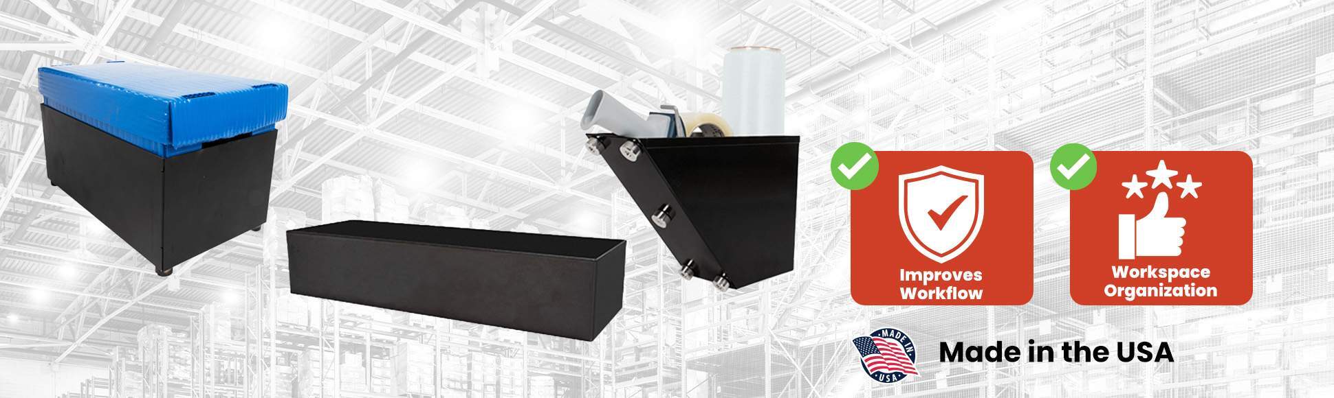 Packaging station accessories including storage bins, and wall-mounted dispensers for organizing supplies, improving workflow, and maximizing packing efficiency.