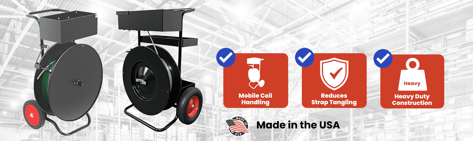 Industrial mobile plastic strapping dispenser with heavy-duty wheels and integrated tool tray for poly and PET strapping coils.