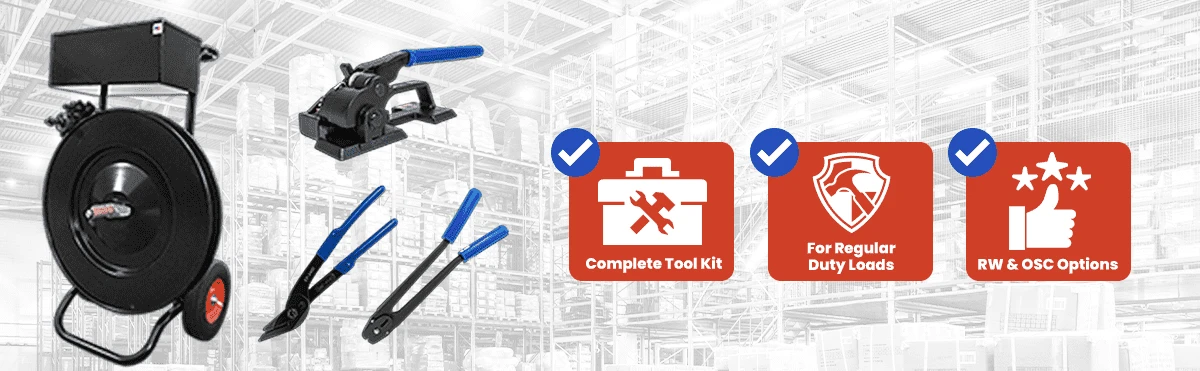 Steel strapping tool kit with dispenser cart, tensioner, sealer, and cutter for industrial steel banding applications