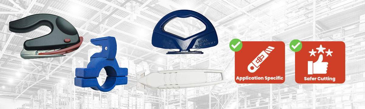 Specialty safety cutters for shrink wrap, stretch film, tape, and industrial packaging applications, designed for application-specific use and safer cutting in warehouse environments.