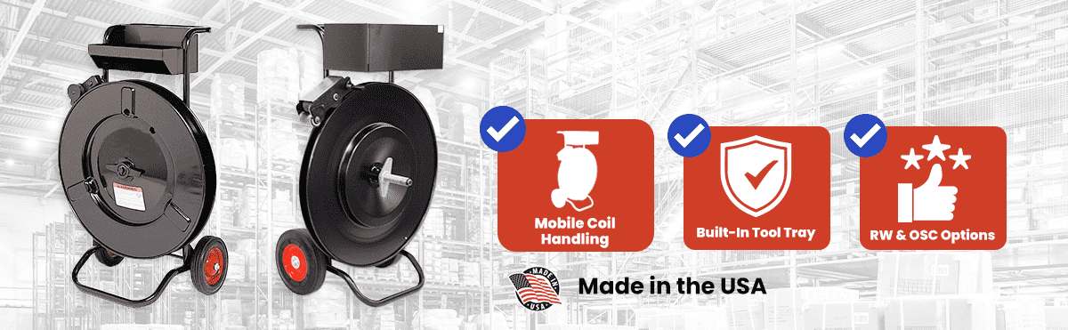 Heavy-duty steel strapping dispenser carts for industrial steel banding with durable, high-quality construction made in the USA