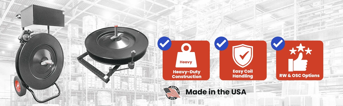 Steel strapping dispenser carts for heavy-duty steel banding with durable, high-quality construction made in the USA