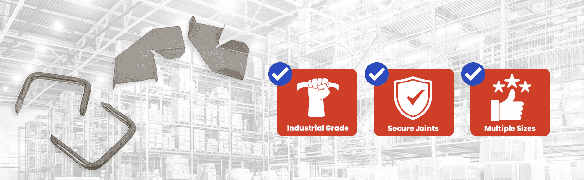 Steel strapping staples, wire staples, and protective clips for secure industrial steel banding and load containment