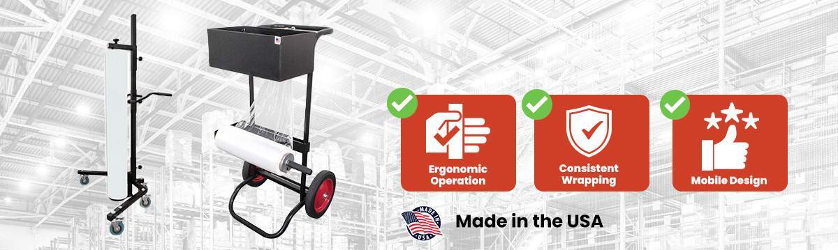 Mobile stretch film dispenser carts for ergonomic manual wrapping, delivering consistent film application, improved operator efficiency, and Made in the USA quality.