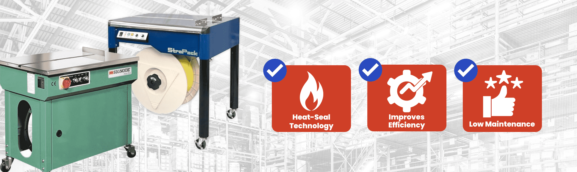 Industrial semi-automatic table-top strapping machine for efficient warehouse package bundling and heat-sealing.