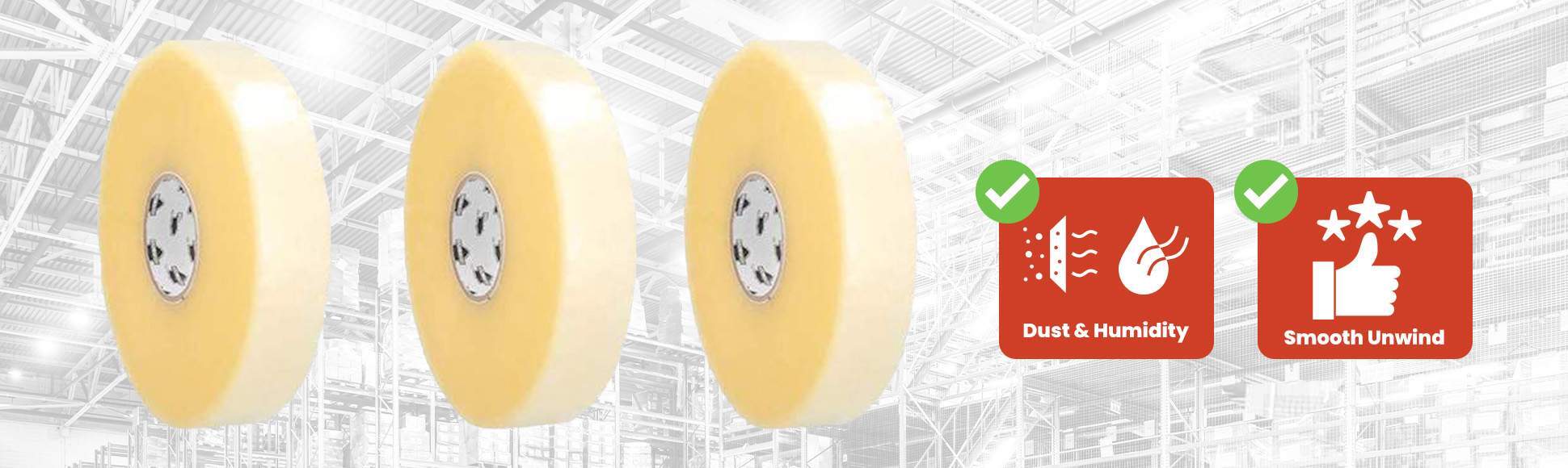 Machine carton sealing tape rolls for automated packaging equipment, providing smooth unwind and reliable adhesion in dusty and humid environments.