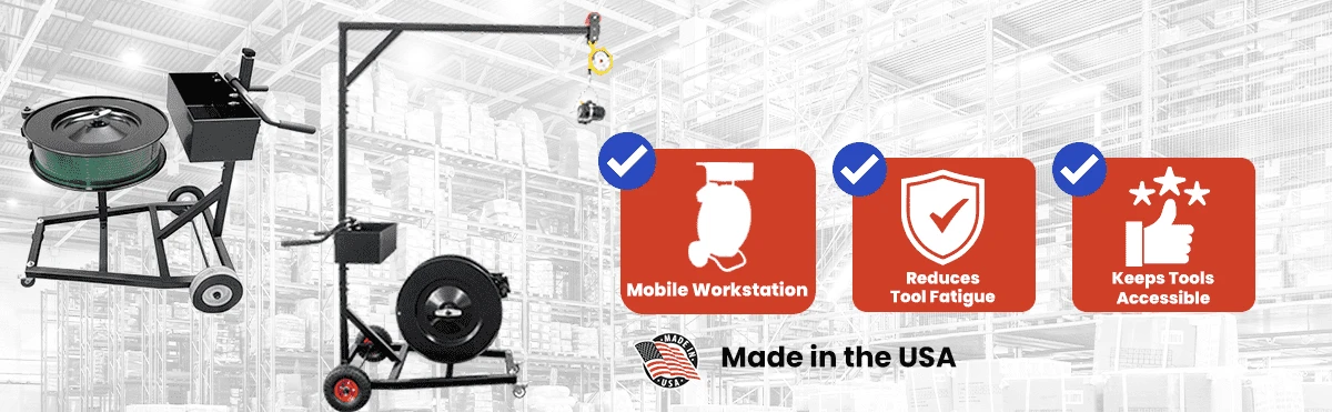 Steel strapping dispenser carts with overhead tool balancer systems for ergonomic industrial steel banding applications made in the USA