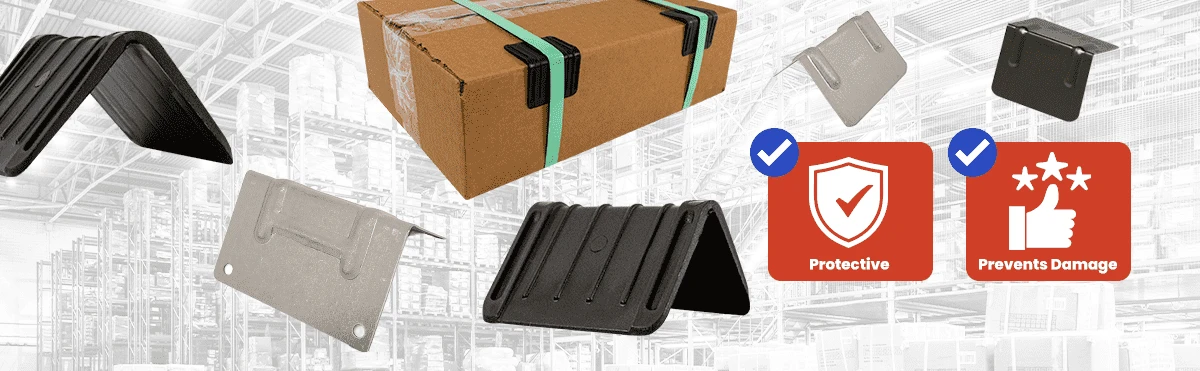 Plastic edge protectors and corner protectors for strapping to protect boxes, palletized loads, and products from strap damage during shipping