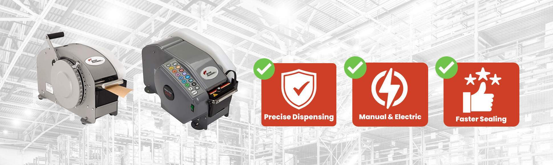 Manual and electric water-activated tape dispensers for efficient kraft paper tape application, providing secure carton sealing with consistent, high-quality performance.