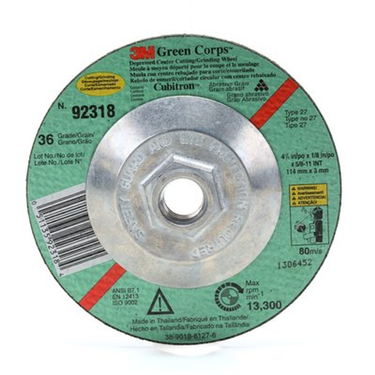 3M™ Green Corps™ Cutting/Grinding Wheel, 4-1/2 in x 1/8 in x 5/8-11 Internal 36