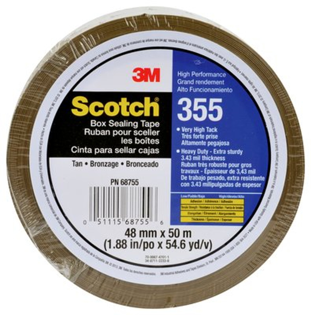 Scotch® High Performance Box Sealing Tape 355 Tan, (2") 48 mm x 50 m, 36 Individually Wrapped Rolls Per Case, Conveniently Packaged