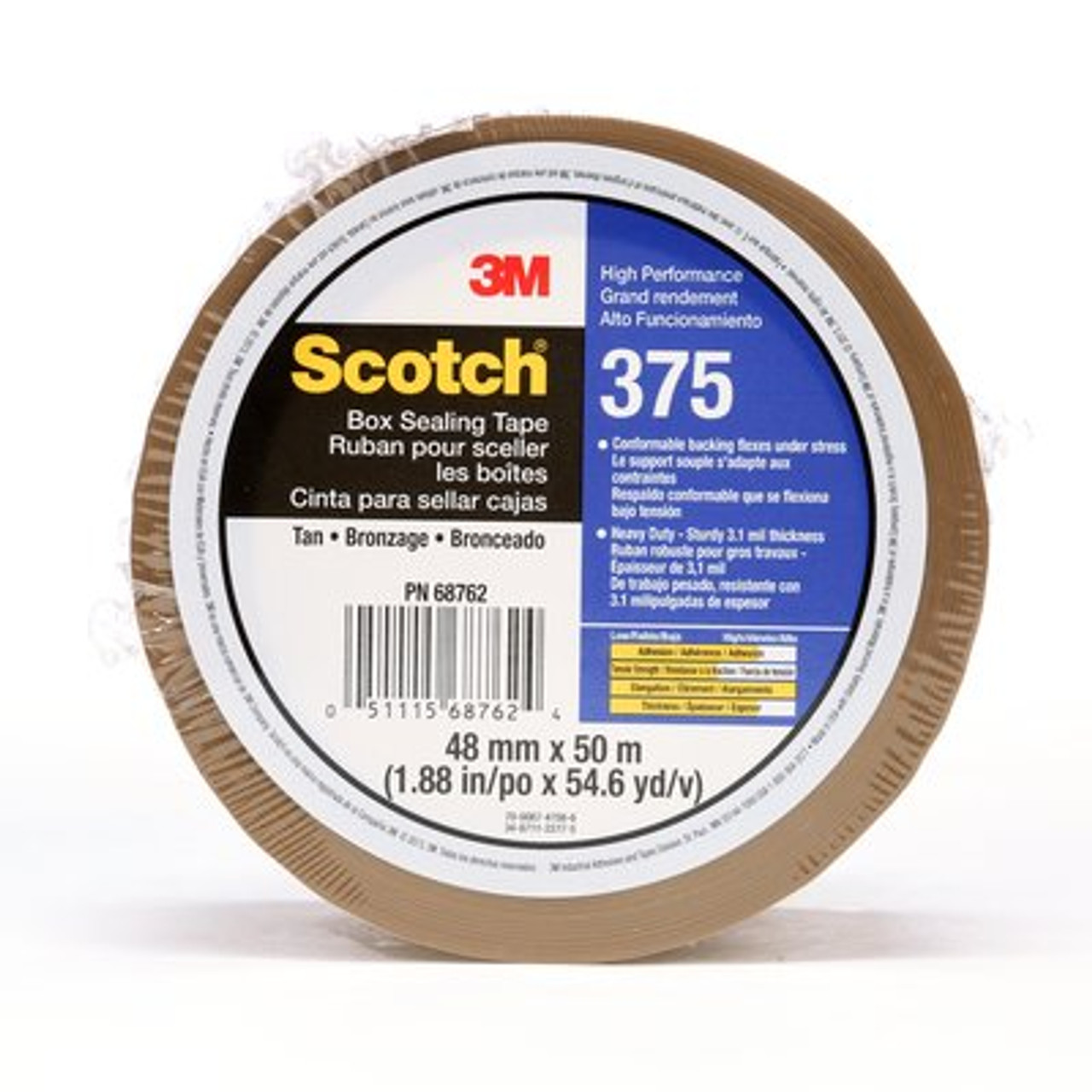 Scotch® High Performance Box Sealing Tape 375 Tan, (2") 48 mm x 50 m, 36 Individually Wrapped Rolls Per Case, Conveniently Packaged